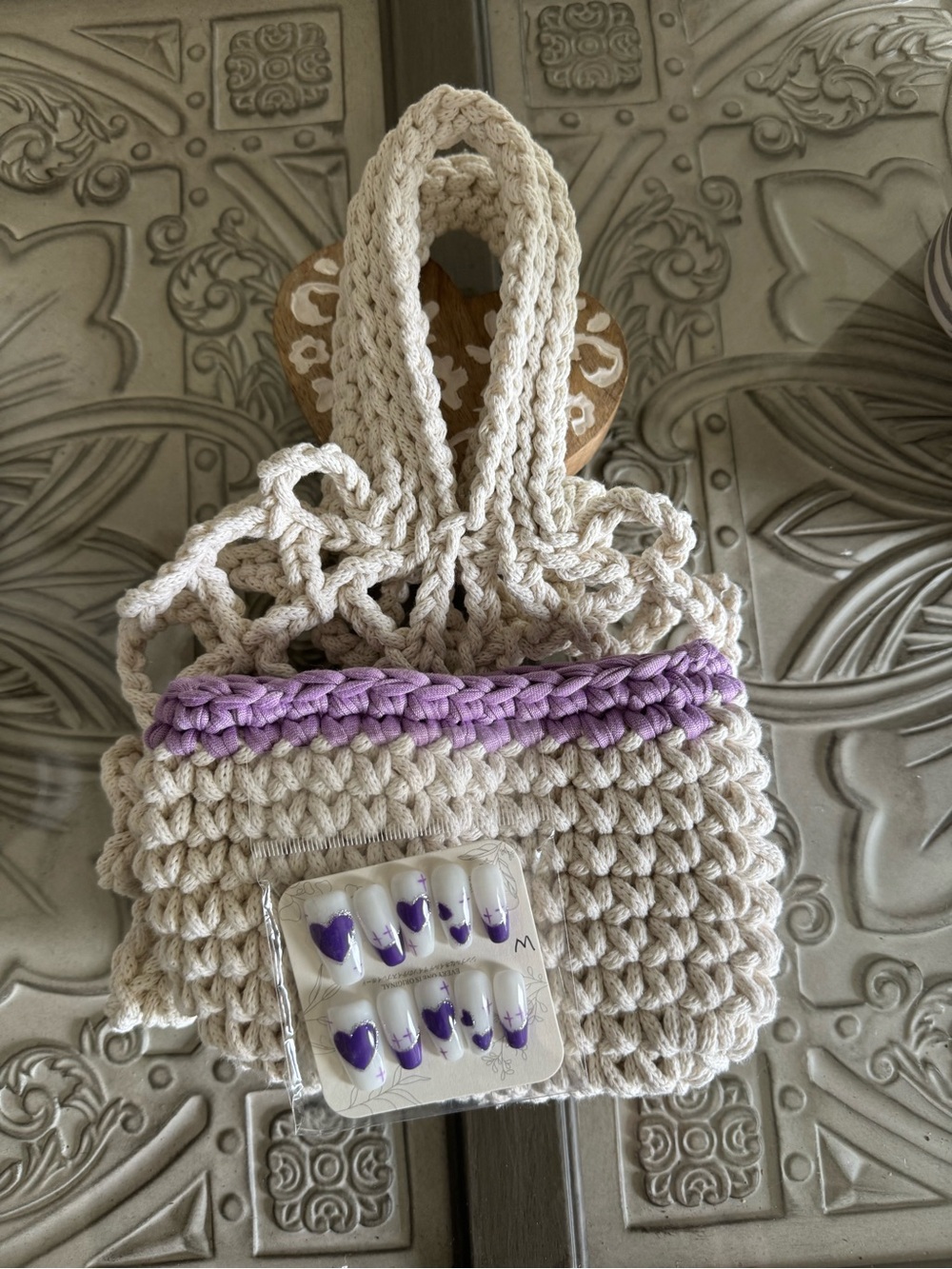 Bonita Bolso Hand-Crocheted Cream and Purple Women’s Net Tote by Yvonne - Picture 9 of 9